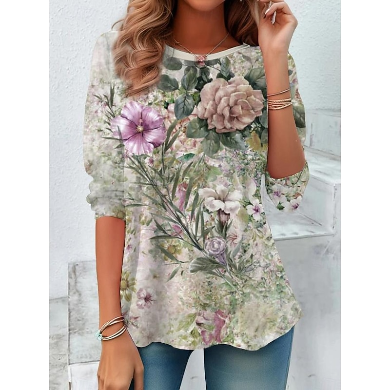 Women's T shirt Long Sleeve Crew Neck Long Sleeve Tunic Floral Elegant Vintage Casual Regular Tops Daily Print Sage Green Spring Fall Prefall