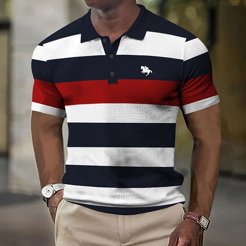 Men's Horizontal Stripes Rugby Polo Short Sleeve Polo Shirts Collared Shirts Business Casual School Formal Dailywear Business Buttons 3D Print Summer Red Brown Green