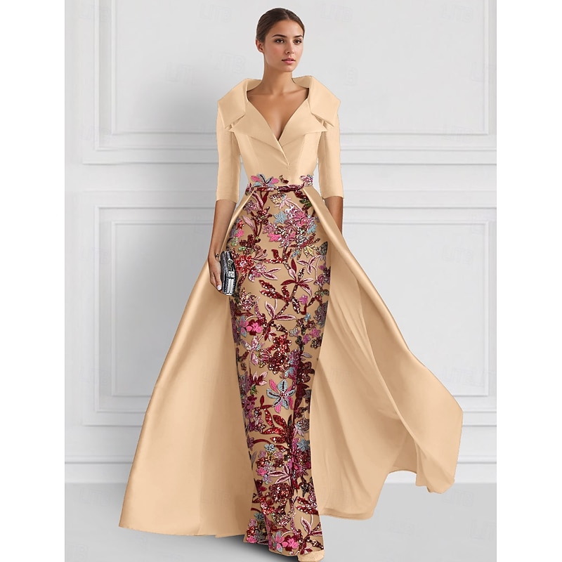 Embroidered Ball Gown A-Line Evening Gown Elegant Dress Formal Wedding Floor Length Half Sleeve Shirt Collar Satin with Slit Appliques 20