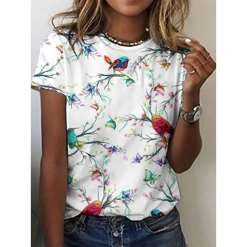 Women's T Shirt Floral Animal Elegant Bohemia Vintage Short Sleeve Round Neck Regular Tops Daily Weekend Print Pearl Summer