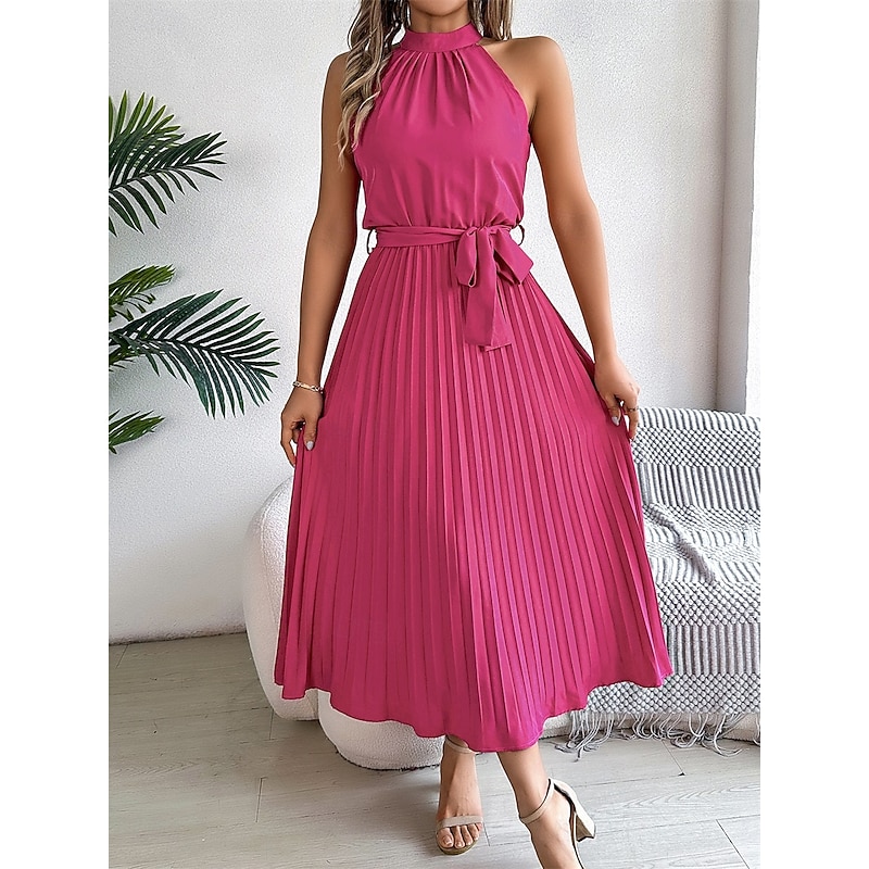 Women's Midi Dress Wrap Dress A Line Dress Pleated Dress Halter Dress Vacation Vacation Casual Daily Regular Fit Graphic Sleeveless Halter Neck Black Pink Wine Green Summer4