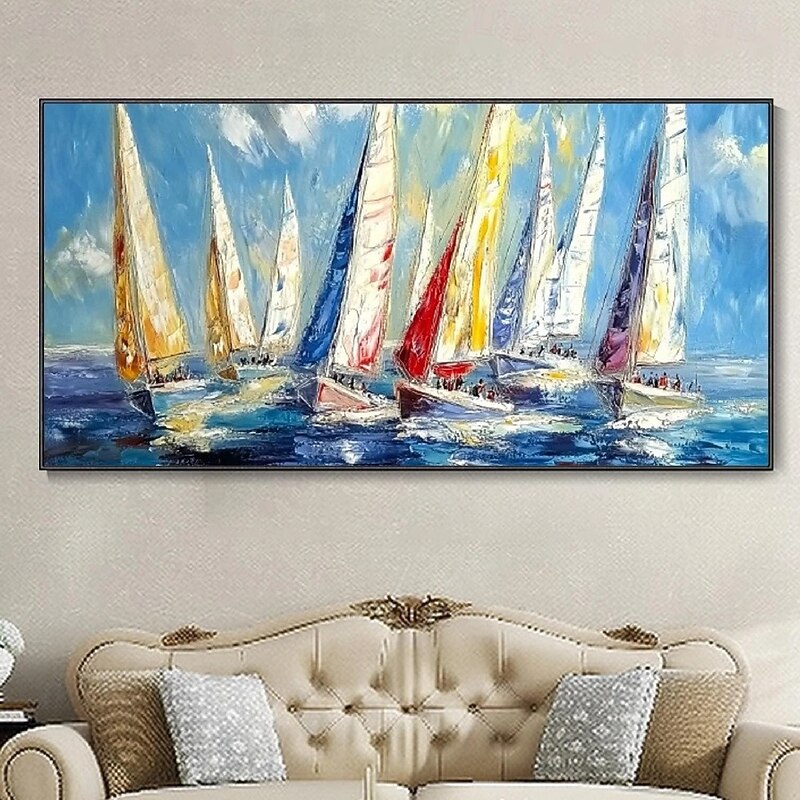 Blue Ocean Seascape Sailboat Wall Art Abstract Beach Seascape Painting On Canvas Livingroom Oil Painting 100% Handmade Hand Painted Wall Art On Canvas Abstract Maritime Sailboat Landscape Home Decorat