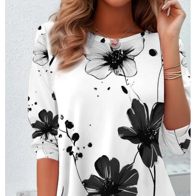 Women's T shirt Long Sleeve Crew Neck Long Sleeve Tunic Floral Graphic Casual Regular Tops Daily Print Black and White Spring Fall Prefall2