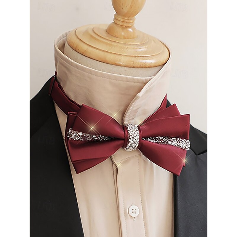 Burgundy Satin Bow Tie with Crystal Embellishment – Elegant Men's Formal Accessory for Weddings, Parties, and Special Events2