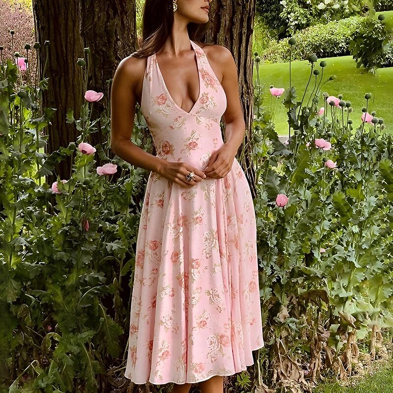 Retro Vintage 1950s Midi Dress Flare Dress Halter Floral A-Line Fit & Flare Swing Fancy Dress Women's Halloween Carnival Wedding Vacation Tea Party Adults' Dress