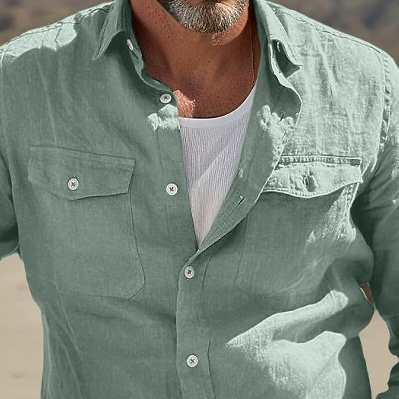 Men's Shirt Linen Shirt Summer Shirt Beach Wear Button Up Shirt Solid Color Street Daily White Blue Green Khaki Long Sleeve Fold-over Collar Clothing Apparel Pocket3