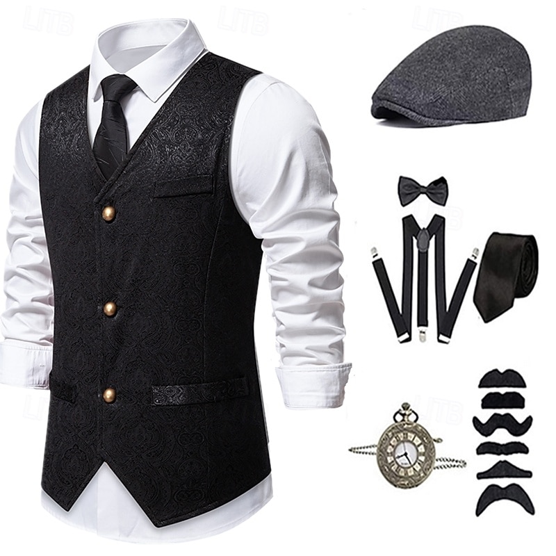 1920s Vintage Inspired The Great Gatsby Party Costume Masquerade Accessories Set Sleeveless Printing Collarless Fancy Dress Men's Halloween Party & Evening Casual Daily Cravat Vest Hat All Seasons4