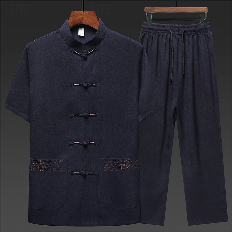 Men's Shirt Shirt Set Summer Shirt Casual Shirt Beach Shirt Button Up Shirt White Navy Blue Green Light Grey Dark Gray Short Sleeve Plain Stand Collar Vacation Hawaiian 2 Piece Clothing Apparel3