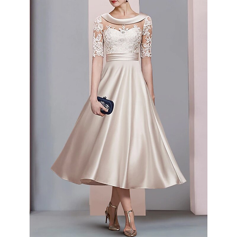 A-Line Gold Mother of the Bride Dress Wedding Guest Elegant Vintage Scoop Neck Tea Length Satin Lace Half Sleeve with Ruched Appliques3