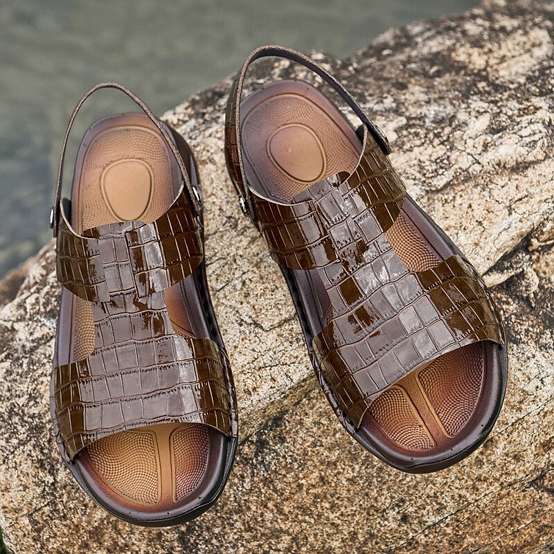 Men's Brown Crocodile Pattern Sandals with Adjustable Strap, Stylish Design for Casual, Outdoor and Summer Wear4