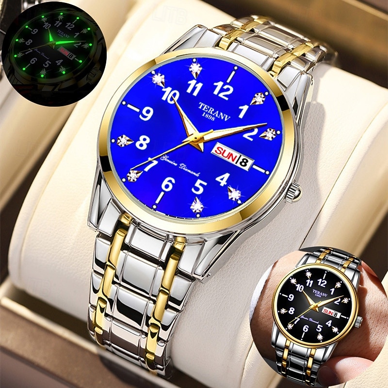 Digital New Diamond-Studded Alloy Steel Band Men'S Business Quartz Watch Luminous Dual Calendar Round Dial Waterproof Rating Ipx7 Multi-Functional Fashion Watch Suitable For Travel Gift