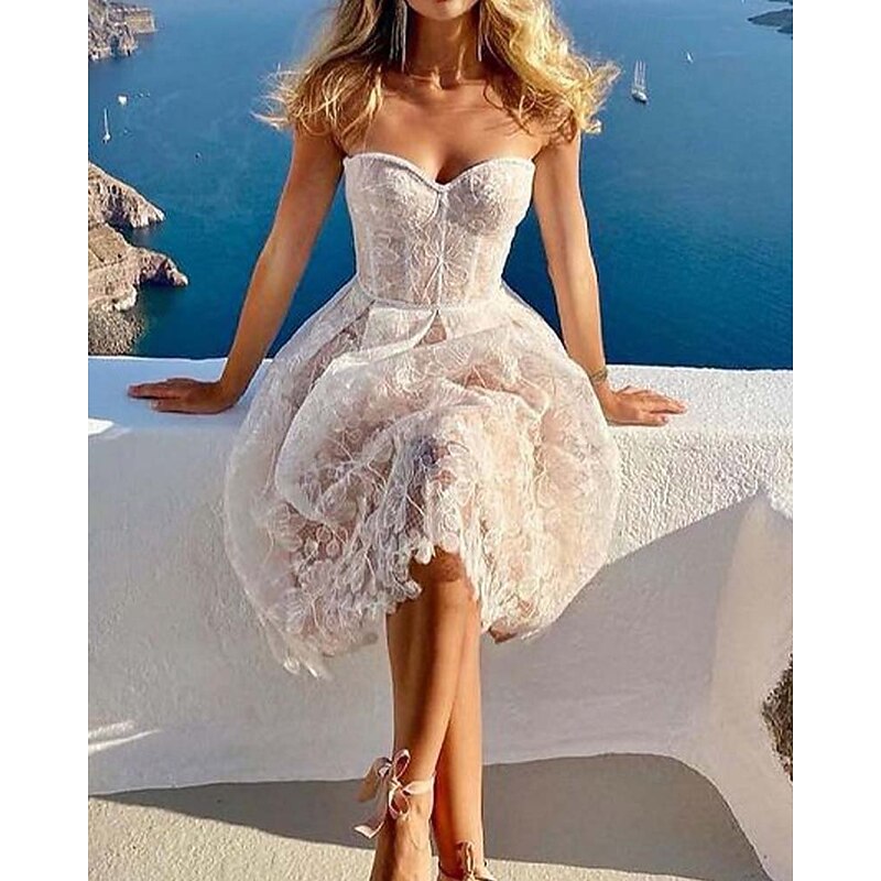 A-Line Cocktail Dresses Corset Party Dress Wedding Wedding Guest Tea Length Sleeveless Sweetheart Polyester with Floral Lace Appliques Dresses2