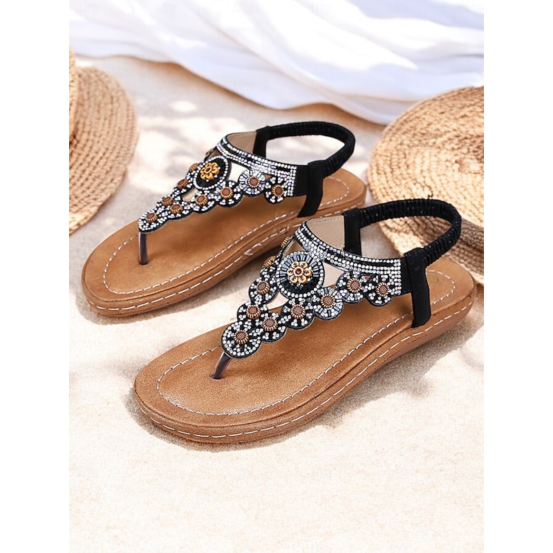 Women's Beaded Floral Sandals – Stylish Boho Thong Sandals with Rhinestone Embellishments for Summer, Beach, and Casual Wear2