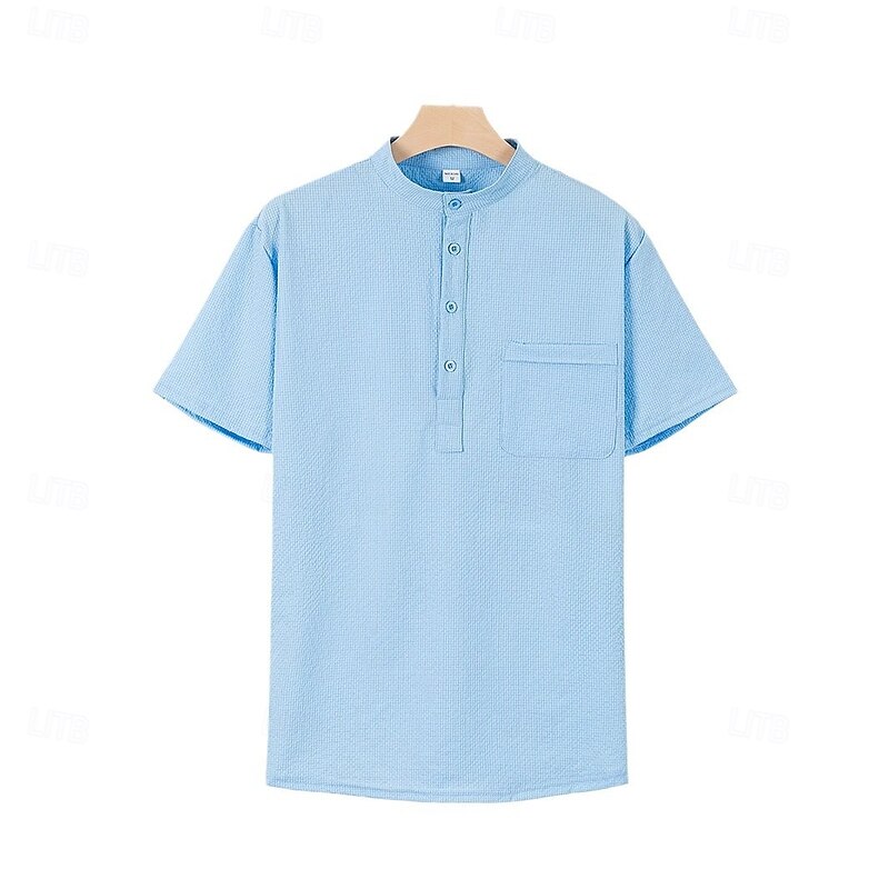 Men's Shirt Popover Shirt Summer Shirt Casual Shirt Button Up Shirt Black White Blue Green khaki Short Sleeve Classic Solid / Plain Color Band Collar Henley Vacation Hawaiian Buckle Clothing Apparel2