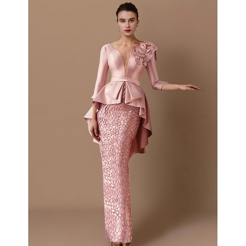 Sheath Mother of the Bride Dress Wedding Guest Elegant Party V Neck Floor Length Satin Lace 3/4 Length Sleeve with Appliques Cascading Ruffles Flower