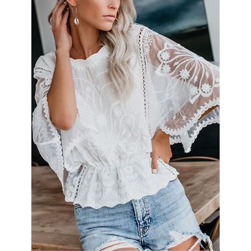 Women's Shirt Lace Shirt Lace Splicing Top Blouse Solid Color Elegant Stylish Casual Half Sleeve Flutter Sleeve Crew Neck Regular Tops Wedding Guest Daily Holiday Lace Lace Trim White Pink Blue Khaki