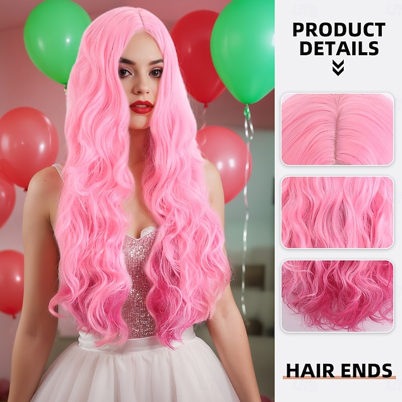 Synthetic Wig Curly Wavy With Bangs Machine Made Wig Long Pink+Red Synthetic Hair Women's Pink2