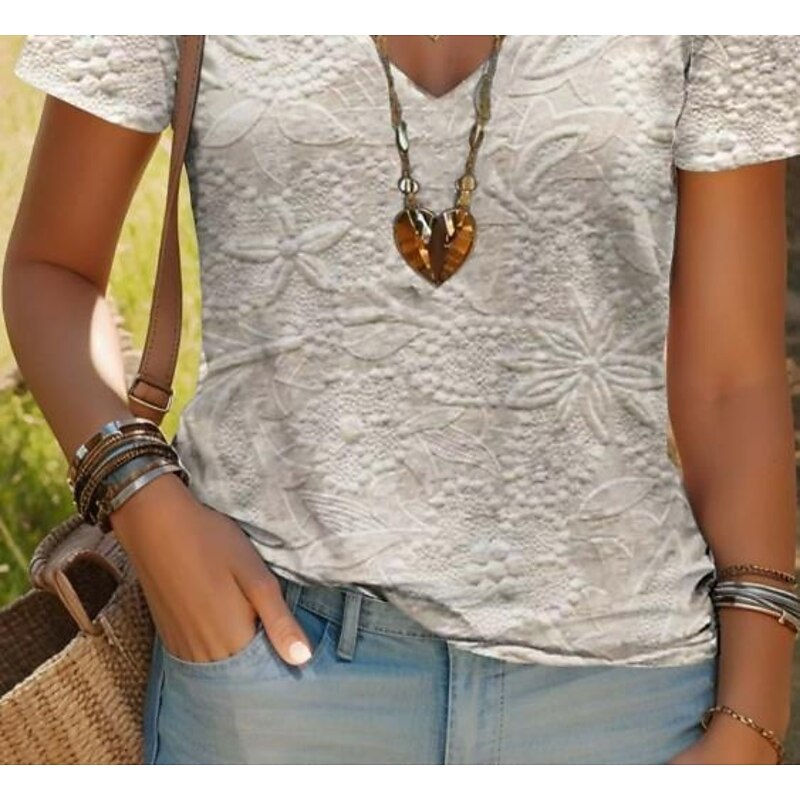 Women's T Shirt Floral Graphic Vintage Stylish Casual Short Sleeve V Neck Regular Tops Daily Linen Like Buttons Print White and gray Summer Spring3