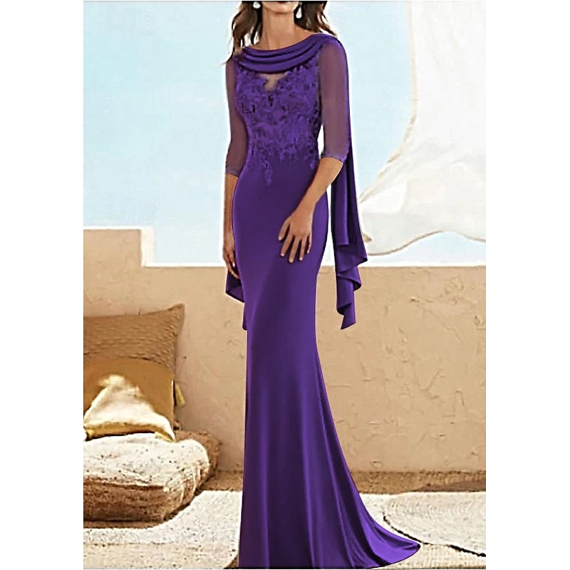 Sheath Mother of the Bride Dress Wedding Guest Elegant Plus Size Jewel Neck Floor Length Chiffon Lace Half Sleeve with Appliques Ruching4