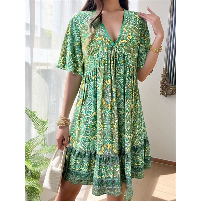 Women's Long Dress Maxi Dress Casual Dress A Line Dress Elegant Stylish Casual Vacation Daily Loose Fit Graphic Short Sleeve V Neck Black Yellow Blue Green Summer Spring4