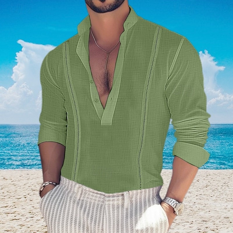 Men's Shirt Popover Shirt Summer Shirt Casual Shirt Beach Shirt Black White Pink Green khaki Long Sleeve Plain Band Collar Vacation Hawaiian Button-Down Clothing Apparel Fashion Casual Comfortable4