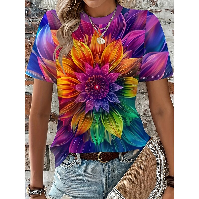 Women's T Shirt Sunflower Casual Short Sleeve Round Neck Regular Tops Daily Print Purple Summer