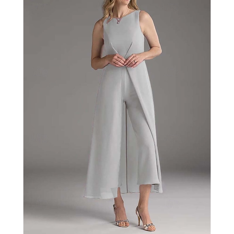 Jumpsuit Mother of the Bride  Wedding Guest Elegant Simple Minimalist Jewel Neck Ankle Length Polyester Sleeveless with Pleats Ruching Solid Color4