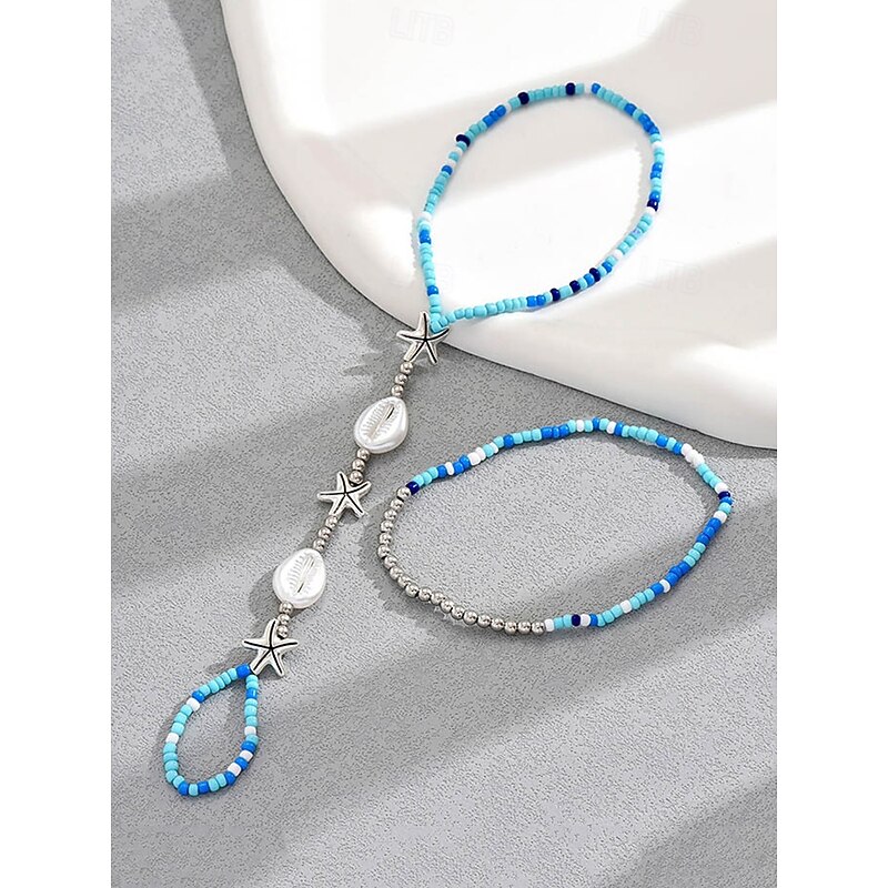 Beach Foot Jewelry - Blue Beaded Anklet with Starfish and Cowrie Shells, Adjustable and Boho Chic, Perfect for Summer, Beach Parties and Festivals2