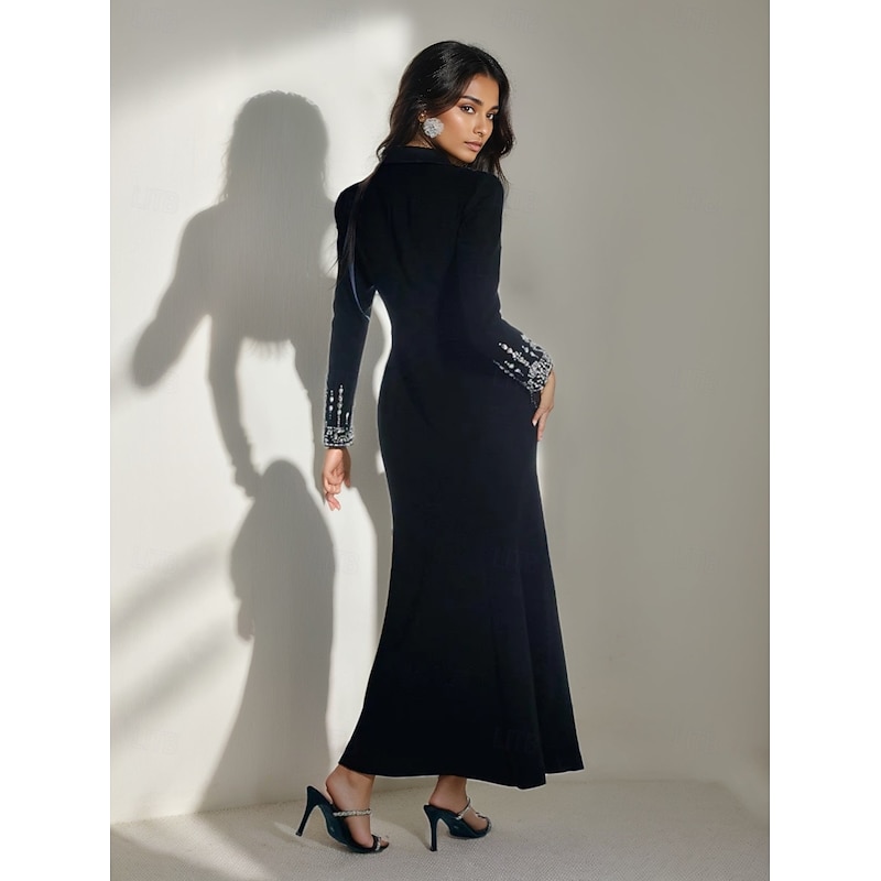 Tuxedo Dress A-Line Wedding Guest Stretch Crepe Elegant Long Sleeve Ankle Length Split Thigh Peak Lapel Single Breasted2