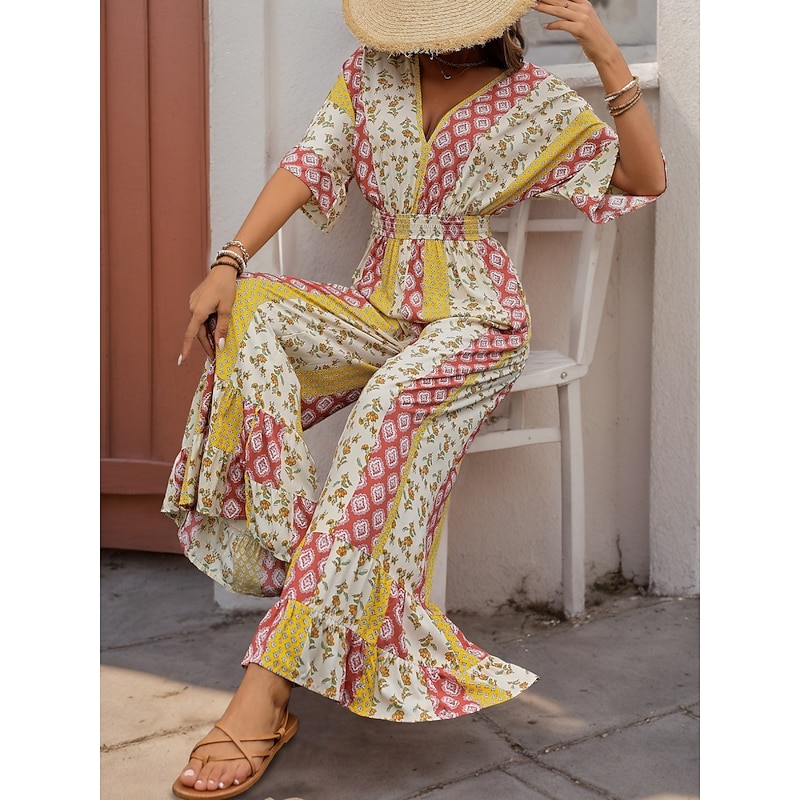 Women's Normal Jumpsuit Holiday Floral 3/4 Length Sleeve V Neck High Waist Vacation Daily Regular Fit Yellow Summer4