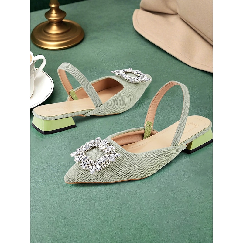 Green Satin Slingback Heels with Crystal Buckle – Stylish Casual Shoes for Women, Perfect for Day Events, Parties, or Cocktail Wear - Main Image