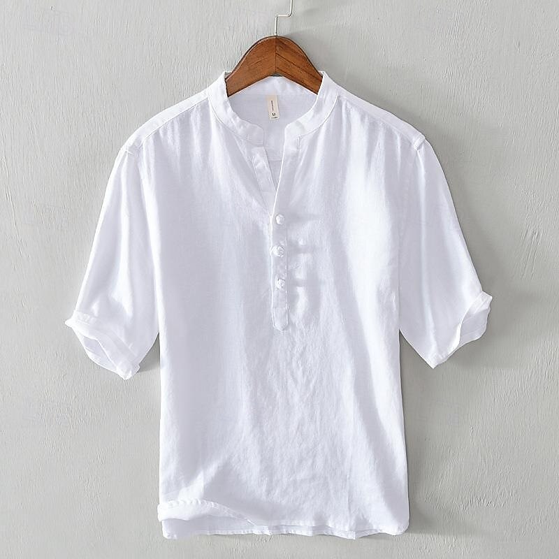 Men's Shirt Linen Shirt Popover Shirt Casual Shirt Cotton Shirt Plain Vacation Street White Khaki Light Blue Short Sleeve Band Collar Summer Clothing Apparel Buttons