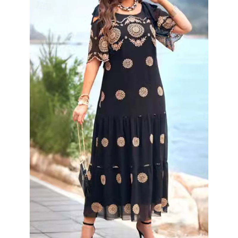 Women's Midi Dress Casual Dress Cocktail Dress Wedding Guest Dress Chiffon Dress Elegant Stylish Casual Vacation Casual Daily Loose Fit Graphic Short Sleeve Crew Neck Black Summer Spring4