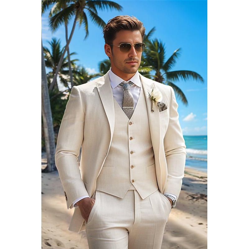 Men's Beach Wedding Linen Suits Notch Lapel Beige Fashion Formal Solid Colored Standard Fit 3 Piece Single Breasted One-button2