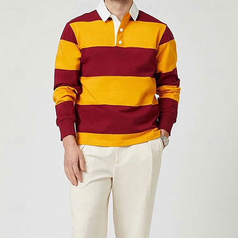 Men's Stripes Rugby Polo Long Sleeve Polo Shirts Collared Shirts Casual School Outdoor Athleisure 3D Print Spring Fall Winter Red Blue Orange4