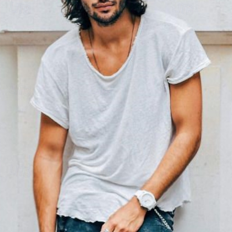 Men's T Shirt Bamboo T-shirt Short Sleeve Crew Neck Spring & Summer Plain Fashion Casual Comfortable Raw Edge Street Holiday Beach White Top Tee for Men