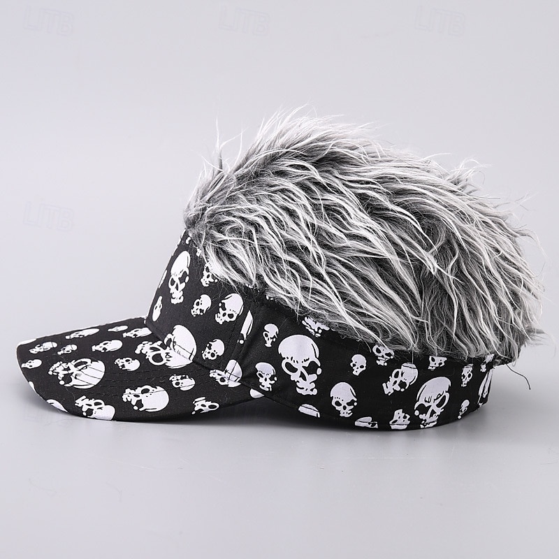 Men's Visor Hat with Spiked Wigs Fake Hair Visor Wig Men Sun Hat Baseball Cap Wig Hat Black Coffee 100% Cotton Print Fashion Casual Daily Festival Skulls Adjustable Sunscreen Breathable4