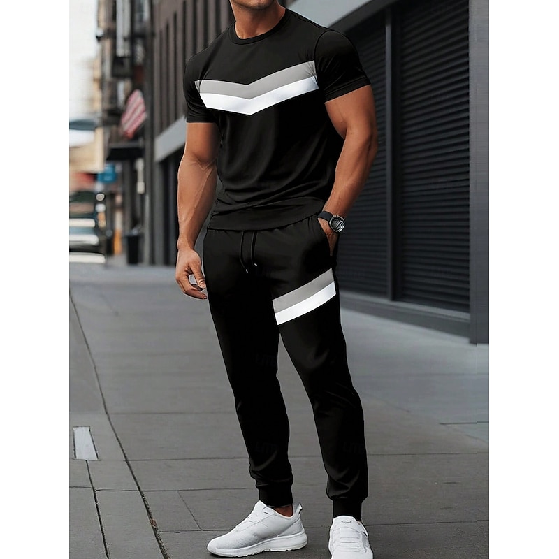 Men's T-shirt Suits Shirt and Pant Sets 2 Pieces Outfits Short Sleeve Crewneck Summer Color Block Stripes Fashion Casual 2 Piece Vacation Daily Wear Going out Black Gray Top Tee for Men2