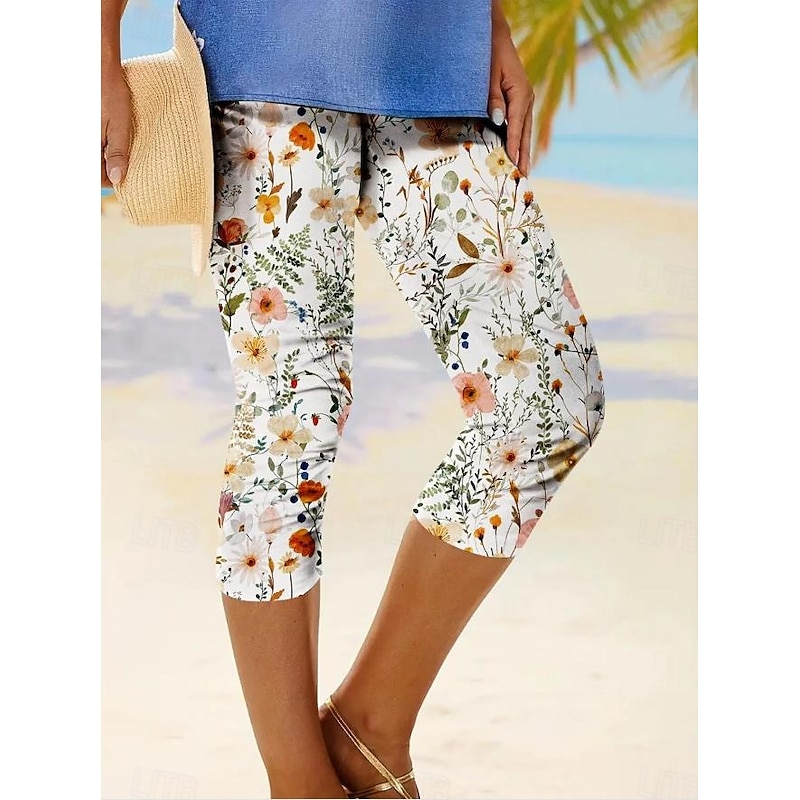Women's Leggings Capri Pants High Elasticity Fashion Streetwear Full Length Mid Waist Floral Printing Thermal Warm Breathable Soft  Outdoor Daily Beach Buff Black Blue Sky Blue Summer Spring - Main Image