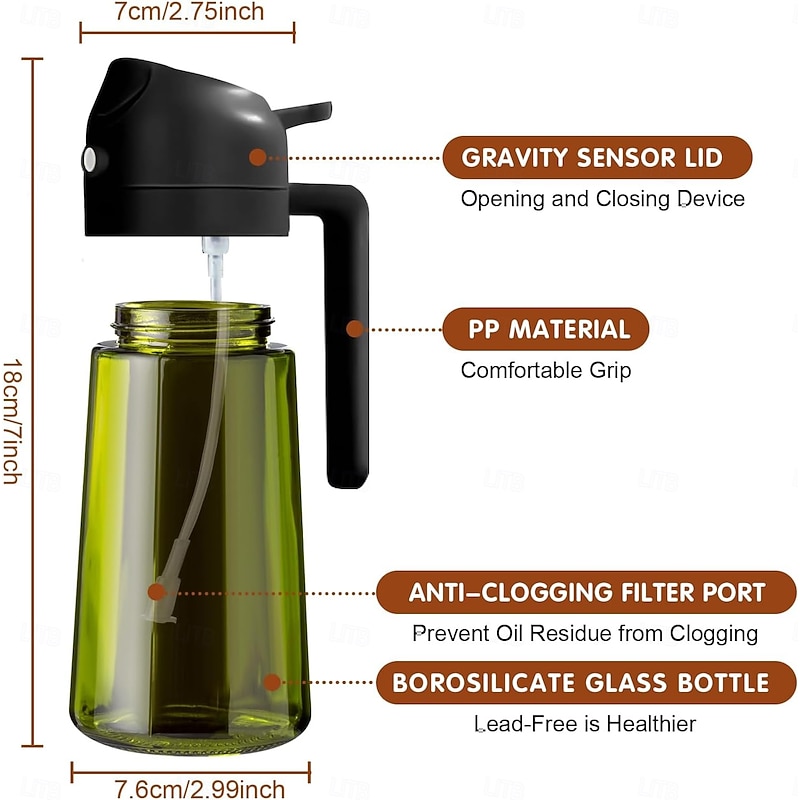 16oz/470ml Light-Blocking Dark Oil Sprayer for Cooking, 2 in 1 Olive Oil Dispenser Bottle for Kitchen, Premium Dark Green Glass Oil Bottle, Food-Grade Oil Mister for Air Fryer, BBQ2