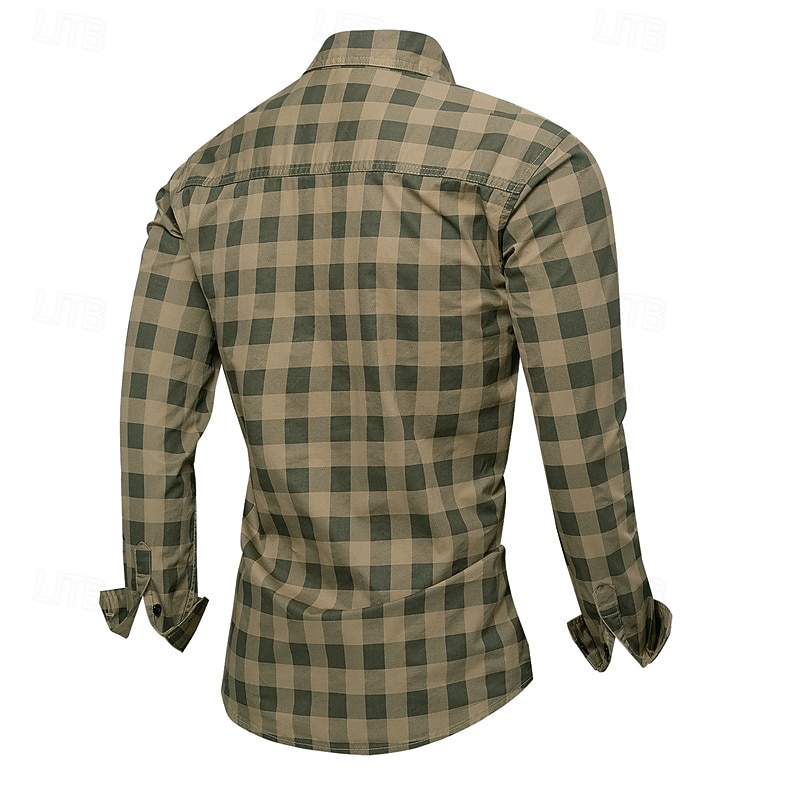Men's Shirt Summer Shirt Casual Shirt Button Up Shirt khaki Army Green Long Sleeve Plaid Lapel Vacation Hawaiian Button-Down Clothing Apparel 100% Cotton Fashion Casual Comfortable3