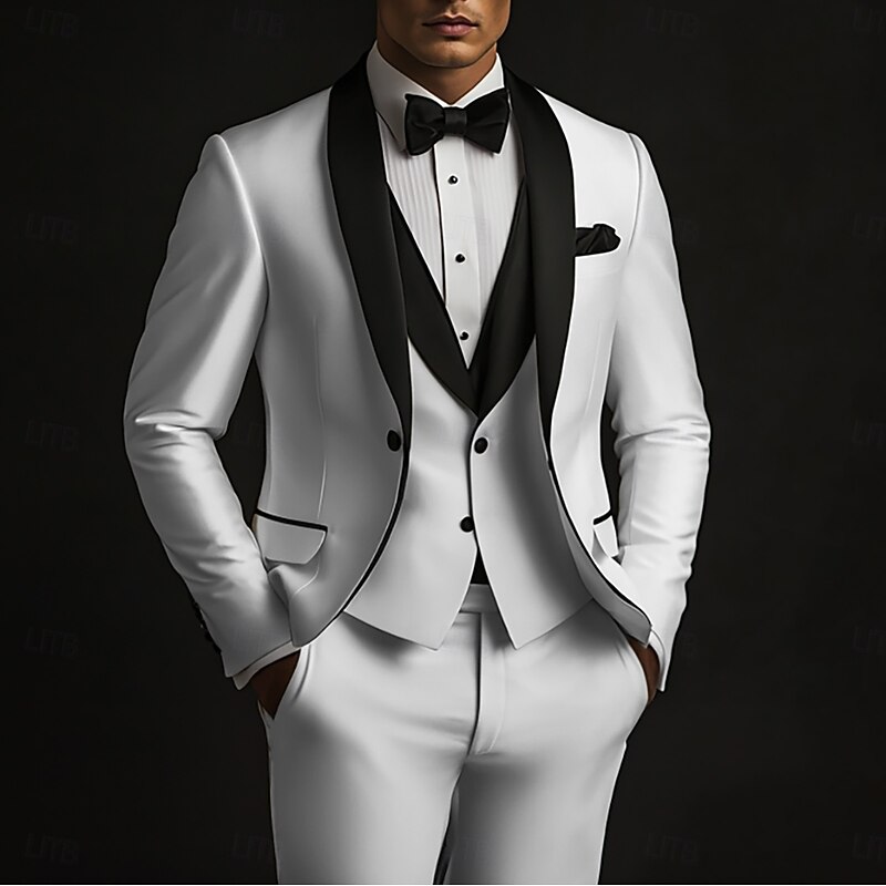 Men's Wedding Prom Party Suits White Fashion Formal Solid Colored Standard Fit 3 Piece Single Breasted One-button2