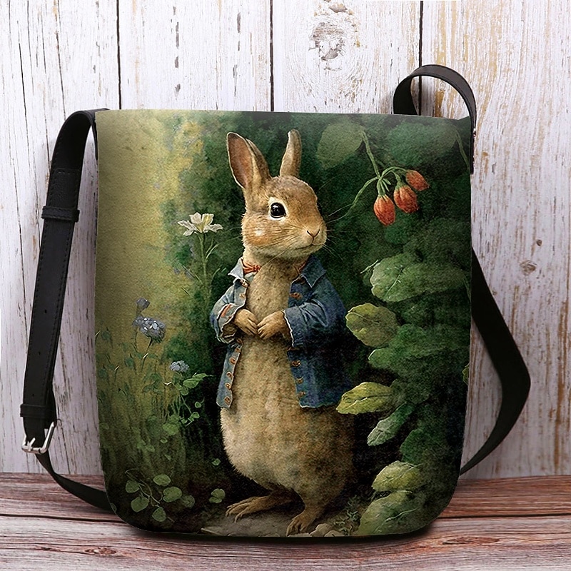 Women's Easter Bunny Shoulder Bag Crossbody Bag - Vintage Peter Rabbit design, hand-painted watercolor style, adjustable shoulder strap, perfect for Easter celebrations, spring outings and casual wear
