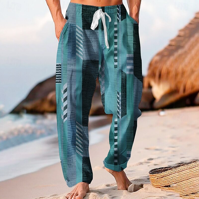 Men's Color Block Patchwork Trousers Baggy Pants Casual Pants Mid Waist Hawaiian Casual Outdoor Vacation Holiday Wide Leg Summer Spring 3D Print Blue Orange Brown4