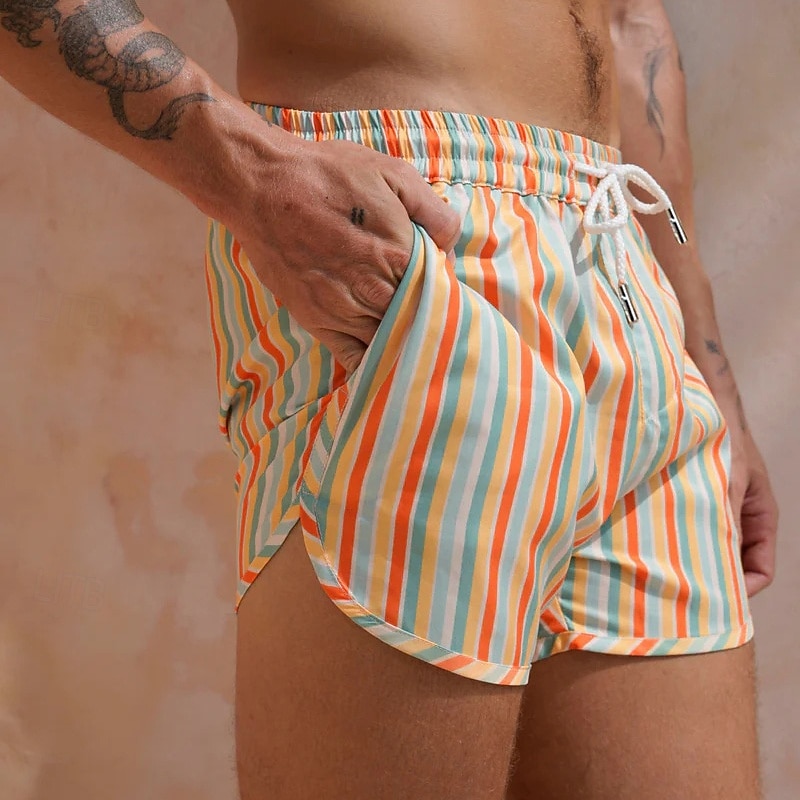 Men's Board Shorts Swim Shorts Swim Trunks Shorts Drawstring Elastic Waist Striped Comfort Quick Dry Short Daily Holiday Swimming Pool Fashion Casual Yellow Pink Micro-elastic