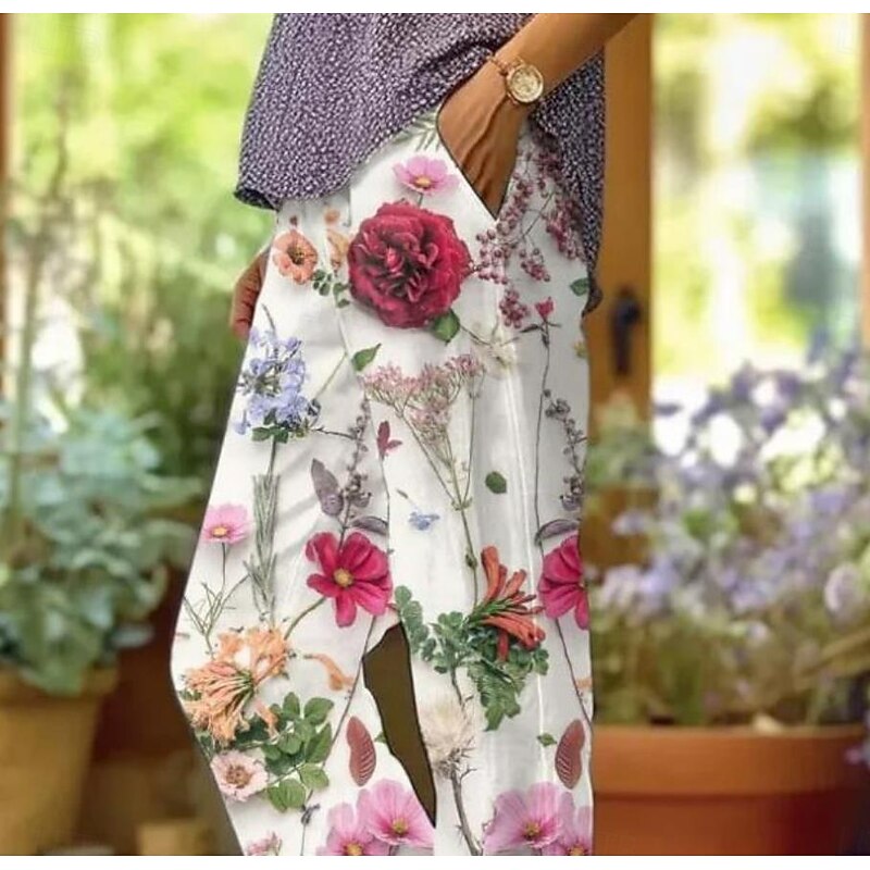 Women's Cotton Linen Pants Baggy Pants Linen Like Fashion Streetwear Full Length High Waist Floral Graphic Printing Thermal Warm Breathable Soft Micro-elastic Outdoor Daily2