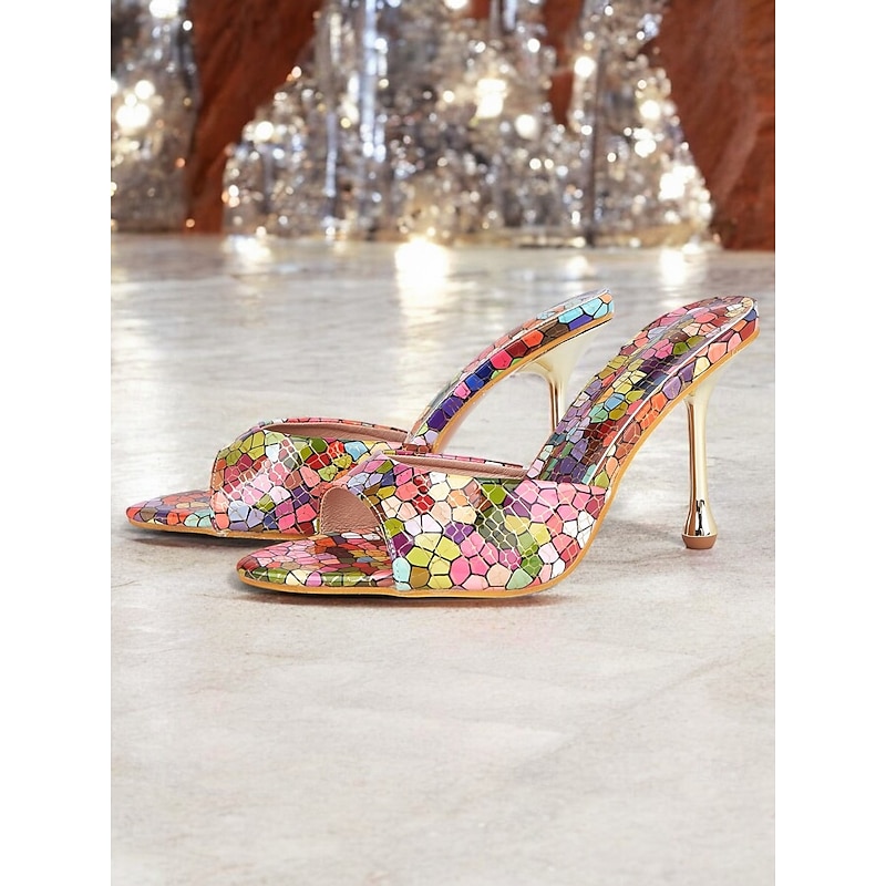 Multicolor Mosaic Print High Heels for Women – Colorful Mules with Metallic Heel, Perfect for Fashion-Forward Events, Parties, and Evening Occasions4