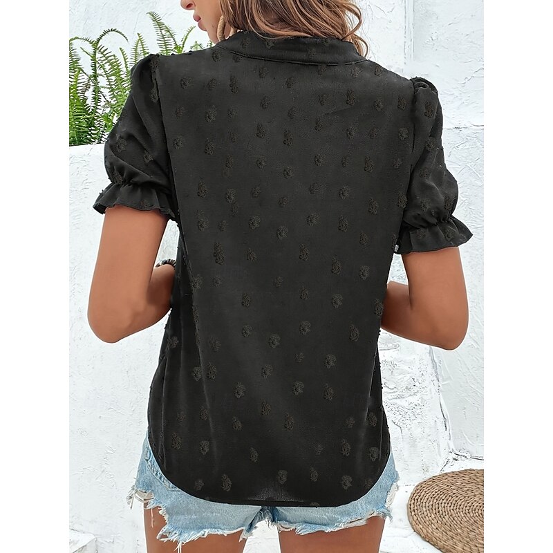 Women's T Shirt Floral Fashion Modern Casual Short Sleeve Notched Neck Regular Tops Daily Weekend Ruffle Patchwork Embroidered Black Summer2