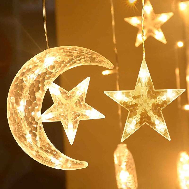 Ramadan Star & Moon Curtain String Lights - 3.5m 138 LEDs USB Powered with Remote Control, 8 Modes for Home & Party Decor3