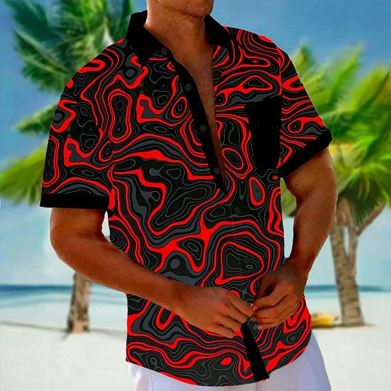 Men's Geometric Lines / Waves Shirt Button Up Shirt Short Sleeve Fashion Casual Vacation Holiday Beach Wear Summer Fall Turndown 3D Print Collared Shirts Front One Pocket Red Blue Sky Blue